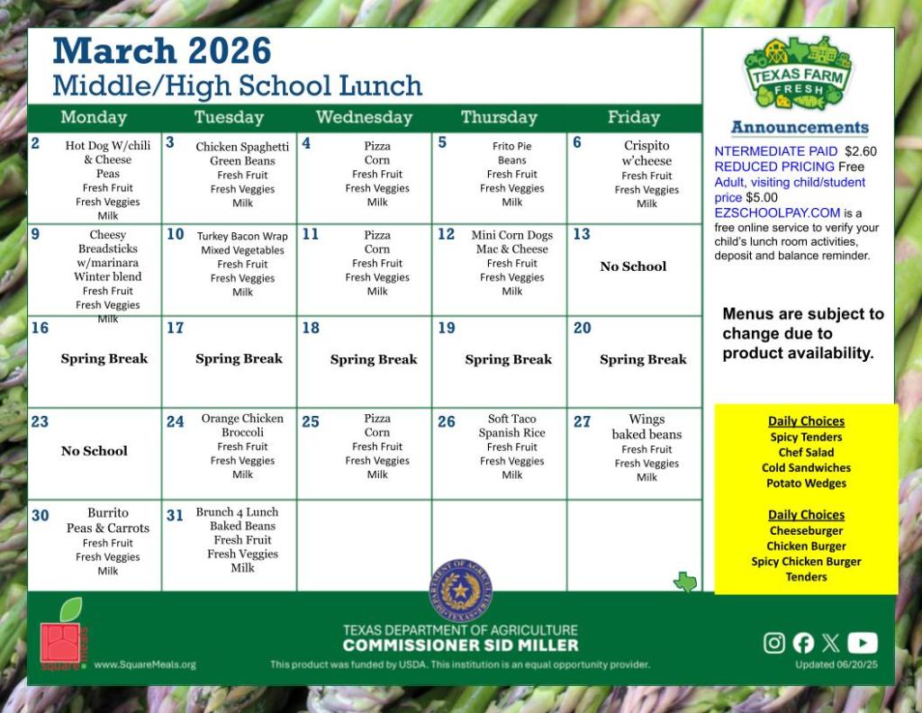Middle School and High School Lunch menu